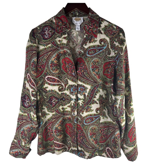 Talbots Shirt Top Blouse Button Down 16 Petite 16P XLP Paisley 100% SILK Career - Picture 2 of 5
